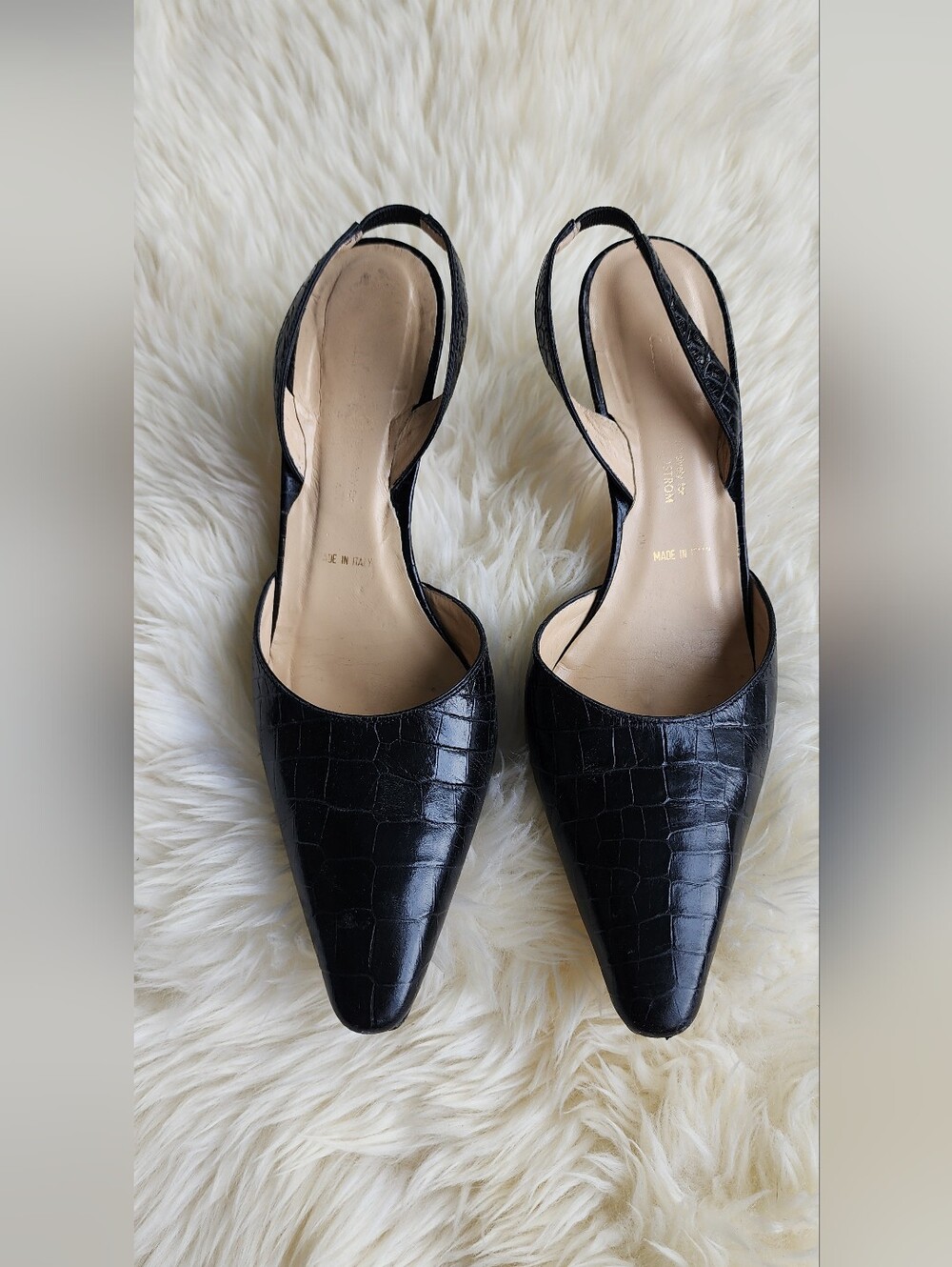 Amalfi Black Croc-Embossed Pointed Slingback Heels
